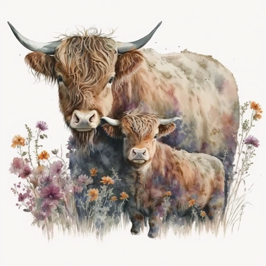 A captivating watercolor clipart: highland cow and calf in a serene display of love and tenderness. Peaceful and enchanting. HD quality. Resolution: