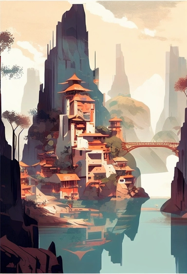 in the style of Ryo Takemasa, xuan loc xuan, Lisa Audit, Anastasia Suvorova, Jon Klassen, greg tocchini,majestic fictional cosmic arcology walled Chinese town the magical megacity in old legends looking like hongya cave in chongqing, waterfall, coral cliff under the ground, imaginaire paysage fantastique setting, angelarium, exotic biome, cascading dwellings, fantastic realism, tranquil and serene, anemoia, white background, vector, clipart, elaborate, ultra-detailed, best quality illustration, 