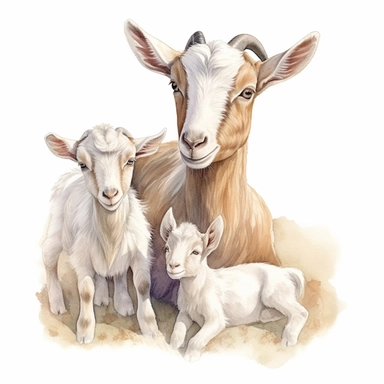 new born baby dwarf Nigerian goats with their mother, very detailed and realistic, watercolor, white background with margins, clipart style