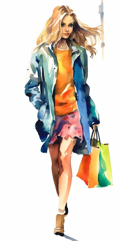 Cute Girl walking in profile while carrying multiple shopping bags in a jumping motion .Simplicity watercolor clipart by Thomas W.Schallerof. Transparent white background, png