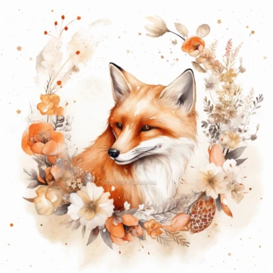 fox moon clip art october download, in the style of intricate, delicate flower and garden paintings, light white and orange, the stars art group (xing xing), dreamy watercolor florals, faux naïf, shaped canvas,white backgound