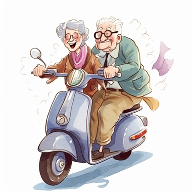 Grandpa drove Grandma by motorbike, Funny Grandparents, illustration, extremely detailed, illustration clipart, on white background, watercolor