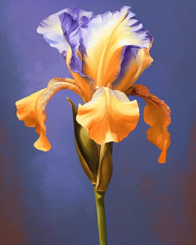 clipart drawing of Iris flower in the style of influenced by Vincent Van Gogh. long stem with leaves. vibrant, vivid, hyper realistic petal and leaves