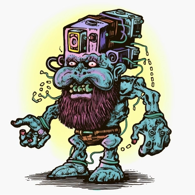 shambling limping dwarven zombie with tesla coils coming out, dark electric aura, Basil Wolverton Josh Kirby Dave Gibbons handpainted enamel punk zine indie retrowave, clipart illustration, solid white background