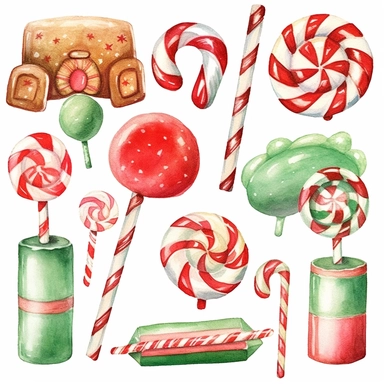 watercolour of a variety of Christmas Candies and cookies. Red and Green Gumdrops, Candy Canes, Peppermints, ginger breads, ribbon candy, clipart variations, simple, vector, 8k