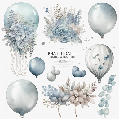 bridal balloons element set with flower boutique watercolor clipart, neutral blue colors, on white background, 8k
