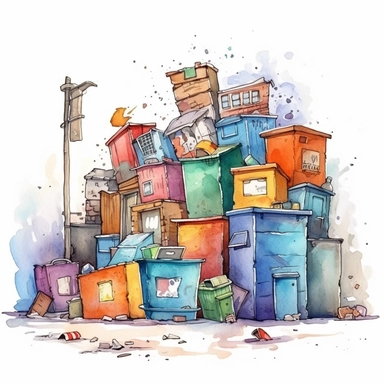 urban scenery, with trash cans and boxes. Pixar childrens book cartoon style, detailed, modern, urban, watercolor, full color, flat color, white background. children book illustration. Watercolor clipart. Pixar animation
