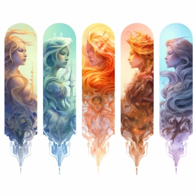 Ethereal nature elemental witches, representing (earth, fire, water and air )Clipart sheet in the style of Anna Dittmann, vivid, separated with a margin, white background
