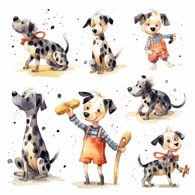 multiple poses characters of little boy playing with black polka dot dog , watercolor in medieval cartoon grunge style clipart on white background