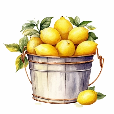 Watercolor clipart very detailed bucket of lemons. White background