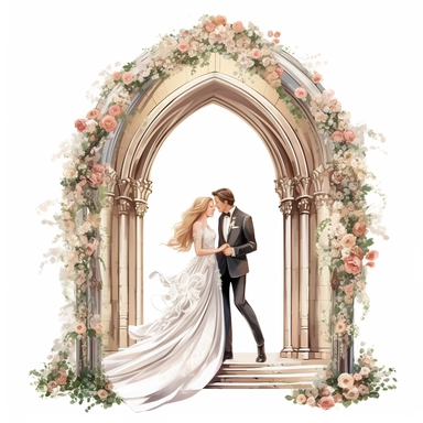 illustration clipart of wedding party, bride and groom, chapel, floral arch, high details, ultra realistic, 8k, white background,