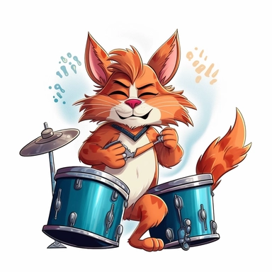 cartoon clipart design in disney style, drummer cat, white background