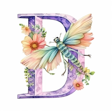 Beautiful Pastel Dragonfly Flower Alphabet Letter  D  Watercolor Clipart, Cartoon, hyper realistic, intricate detail, illustration style, high solution, on the white background