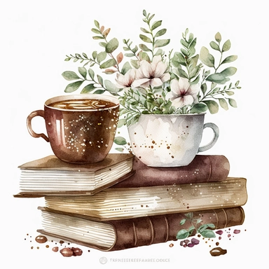watercolour American style cup of coffee with stacked books and plant pot with beautifully detailed floral white glitter flower boquet png image,high resolution,300 dpi,graphic clipart,computer graphics