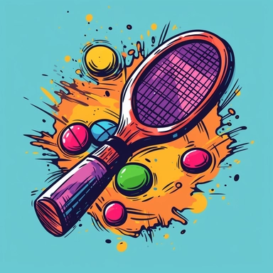 Picture an illustrated clip art of a lively pickleball racket, splashing out a series of vibrant colors from its net, expressing the energetic spirit of the sport. The design should have a cartoonish, playful vibe and a thick black outline for definition. –ar 1:1 –v 5.1 –style raw