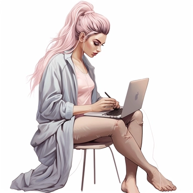 fashion illustration cute woman with hair in a bun working on a laptop with pastel long hair full body clipart