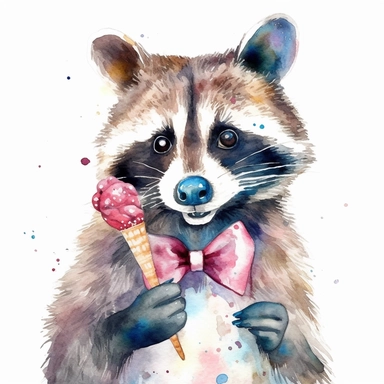 please create watercolor clipart of a raccoon smiling, wearing party BOW TIE AND EATING ICE CREAM, colorful, WHITE BACKGROUND