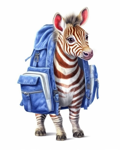 detailed watercolor Baby Zebra with a school bag , hyper realistic, isolated on a white background, clipart
