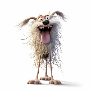 a skinny dog with frizzed out hair, crazy looking expression, exceptionally funny, silly, goofy dog, full body image, pixar style, clipart, white background,