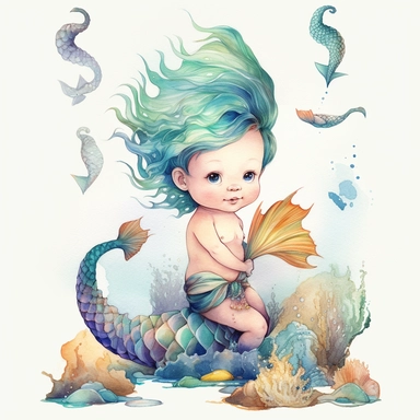 a baby invitation with a happy little boy mermaid wearing a crown made of shells and coral has very long black hair and he is playing, use the colours gold and purple for his tail: botanical watercolor set illustration of little boy mermaid: multiple poses and expressions, Collection of watercolor children's book illustration [little boy mermaid], each [little boy mermaid] tail is a different [color], each [little boy mermaid] is a different [direction], each [little boy mermaid] is a different 