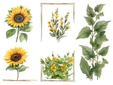 Rectangular frame with greenery and sunflowers in the four corners, floral decor clip art, colored pencil, minimalist set, Konica Big Mini