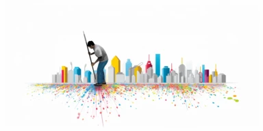 a man holding a large mop, a man cleaning up colorful location data spilled on the floor, location icons are everywhere, clipart, vector graphic, very low detail, in the style of minimalist illustrator, white background