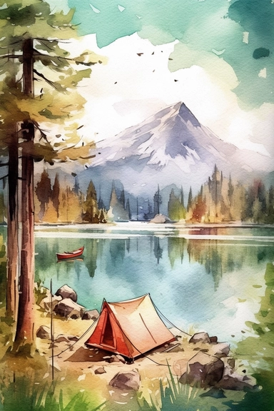 create a hand drawn watercolor clipart showcasing camping scene near lake, including tent, campfire, canoe, and serene water reflection, 4k,