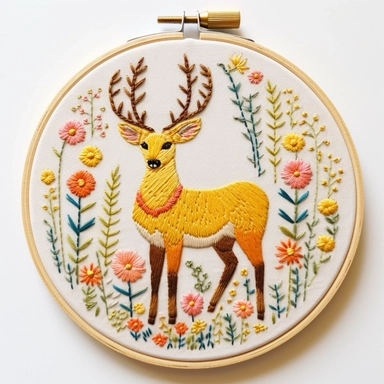 Hand embroidered deer clipart on a flat white background, standing on the grass, It is surrounded by small yellow and red flowers In the shape of a circle,