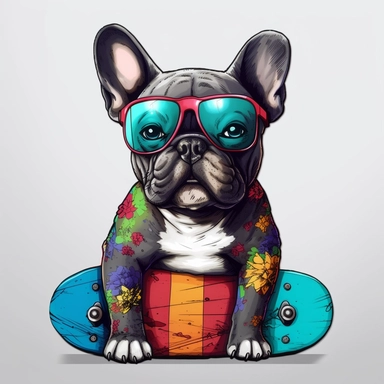 french bulldog, transparent backround,clipart,4k hd, skateboard,headphone,sunglasses, really really colorful