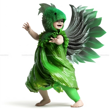 green baby girl Godzilla, looks like an alien, doing high step dance moves, wearing a designer dress made from Phoenix feathers , ultra high fashion, wearing ruby neck scarf, techno lighting, disney cuteness, plain white background, cutout clipart