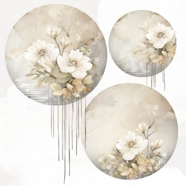 scrapbook paper template, intricate three small bouquets of white floral watercolor clipart on the borders on paper, luxurious textures, nature-inspired pieces, very high resolution