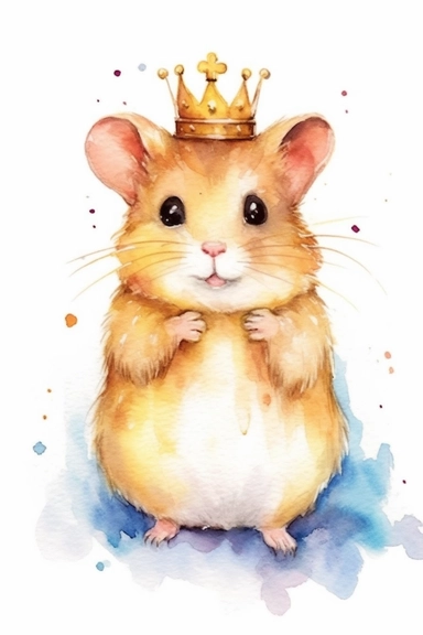 Create a watercolor clipart picture of a happy princess hamster with a tiara, white background. The hamster should have a cute and happy expression, with its fur depicted in soft watercolor textures.