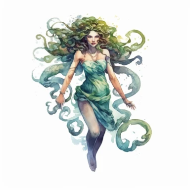 full body mythical medusa clipart in watercolor realism style on white background