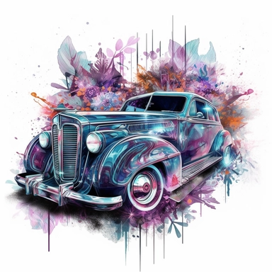A stunning old retro car takes center stage in a Tron-inspired landscape, Limousine retro car, clipart, floral, watercolor splash, lavender. The classic car boasts futuristic modifications, including neon accents and sleek digital paneling, merging the elegant lines of the vintage vehicle with the high-tech aesthetics of the Tron universe, white background, splash