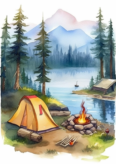 detailed watercolor clip art of camping site, with tents, camp fire near a lake ,hd