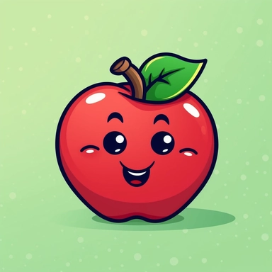 Create a colorful clipart of a bright red apple with a green leaf on top, in a cartoon style. The apple should have a happy expression and be slightly tilted to the side. The background should have a plain, high-contrasted color to make the apple stand out. The overall effect should be playful and lighthearted, suitable for use in educational materials or on a website.