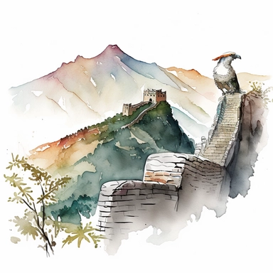 watercolor sketch of great wall of china clipart, featuring mountains and bird, white background