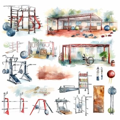 A school gym clipart in the style of watercolor illustrations, white background