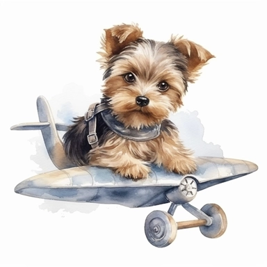 water color, realistic, cute yorkie puppy on a toy airplane, isolated on white, clip art