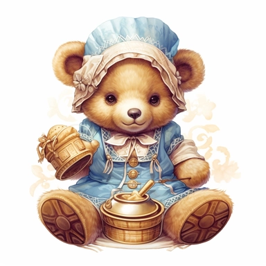 Adorable cute fantasy Teddy bear dressed like a Tambour, nursery art, clipart image, lineart image, white background, very detailed, 8k