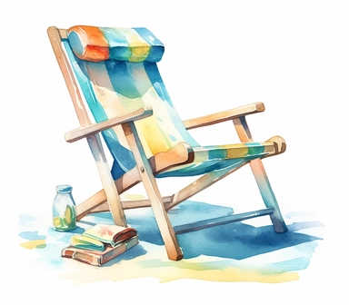 watercolor colorful cartoon pool chair, clipart, in the style of soft and dreamy pastels, kate van suddese, on white background with margins