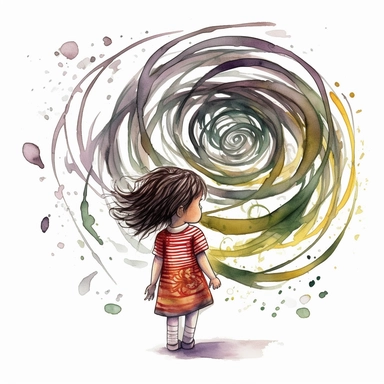 watercolor clipart, A swirl of tangled, dark, and murky lines that are drawn in a way that suggests movement and tension, tightening and knotting the child's heart, White background, children`s book illustration