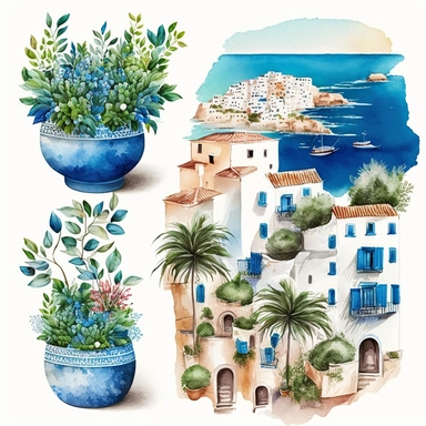 beautiful watercolor clipart of a view of a Mediterranean village with houses, potted plants and italian seascape, warm summer blue, aqua and white hues, compositions on an isolated white background. Bright landscapes illustrations, highly detailed
