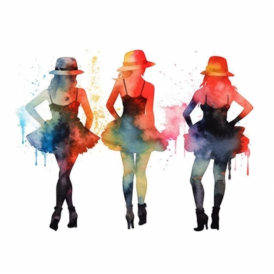 3 girls doing tap dance with tap shoes, wearing short shorts and a top hat, on a white background, silhouette image, watercolor, clip art