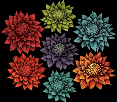 6 tattoo art style botanical dahlias, black defined lines, high details, clipart, hd, isolated on black background, spaced out, vibrant rainbow colors