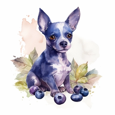 a watercolor of a blueberry dog , victorian style blueberry academy, blueberry purple nuances, vector free clipart illustration, in the style of unreal engine 5, 32k uhd, detailed features, white background