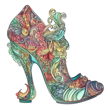 fairytale high heel shoe, rococo, bright pastel colors, thick black outlines, contour, vector, clipart, white background, hd