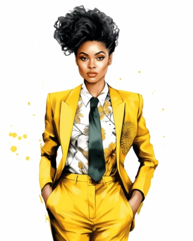 Extremely realistic digital illustration clipart, vector art of ultra beautiful African American women entrepreneur with beautiful black hair in messy bun, dressed in Yellow and white business suit of the year 2023, standing in the center of an office on a white background ad type clipart