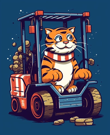 Showcasing a cartoon tiger as a forklift operator, with the design incorporating patriotic motifs and symbols to evoke a sense of American pride. The overall design can appear polished and poignant, with the tiger proudly operating the forklift, that can be used as a sticker, colorful, highly detailed, with a white background, in the style of Pixar clipart, and no cut off edges.