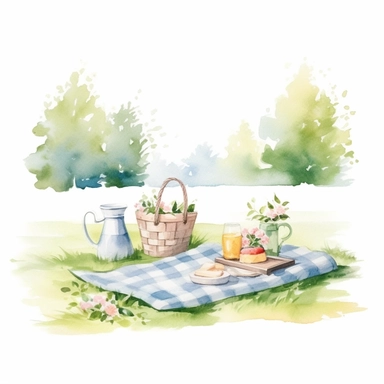 watercolour Gingham summer landscape clipart, white background, no text